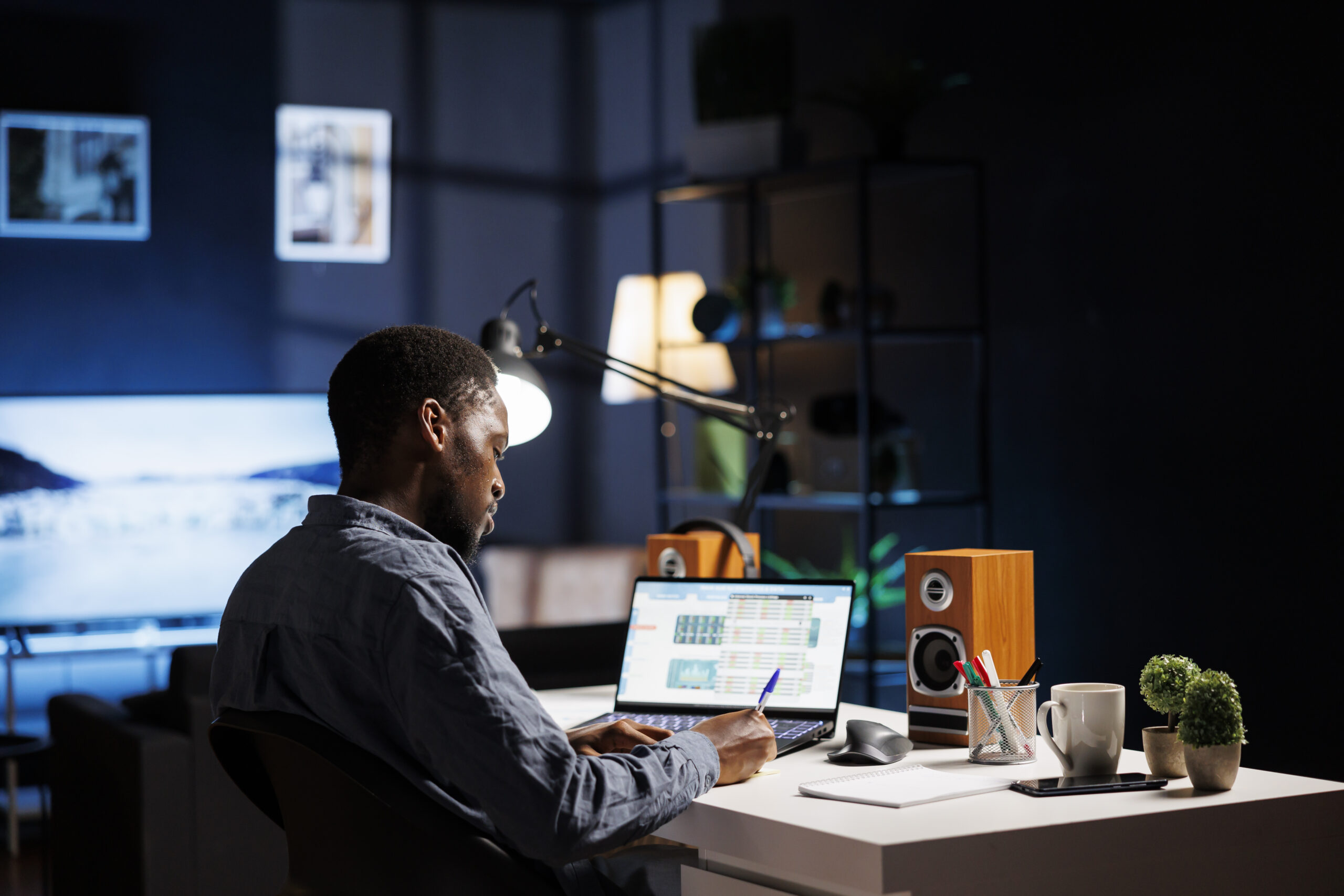 Skilled auditor looking over capital investments expansion strategy, African American experts evaluating authorized fiscal stability on laptop. Self employed individual checks economic data.