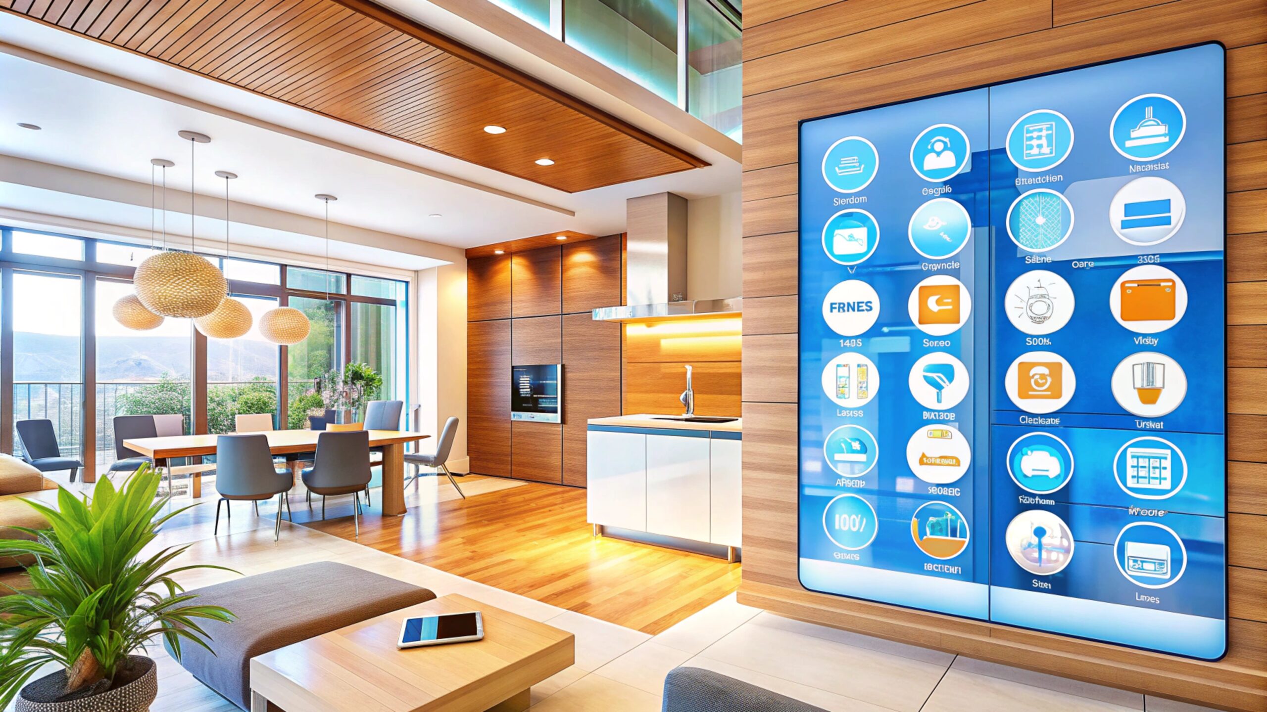 Modern living room interior with smart home control panel.